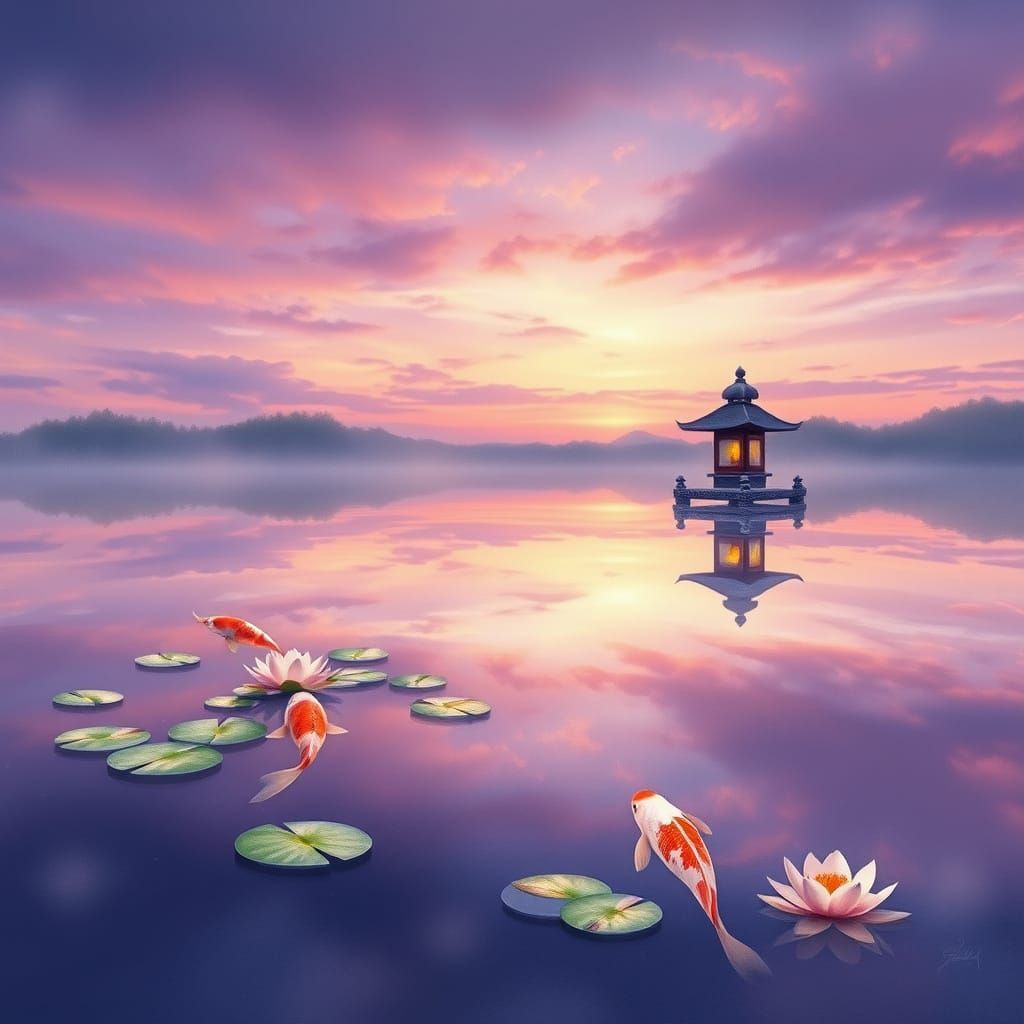 Serene Koi Pond Reflecting Twilight Sky in Watercolor Style