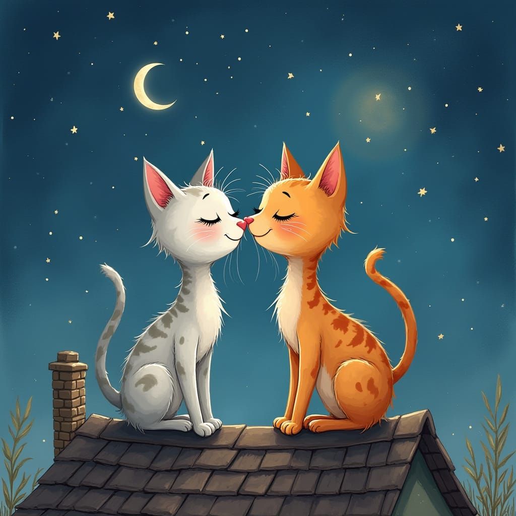 Cats in Love Under the Moonlit Stars