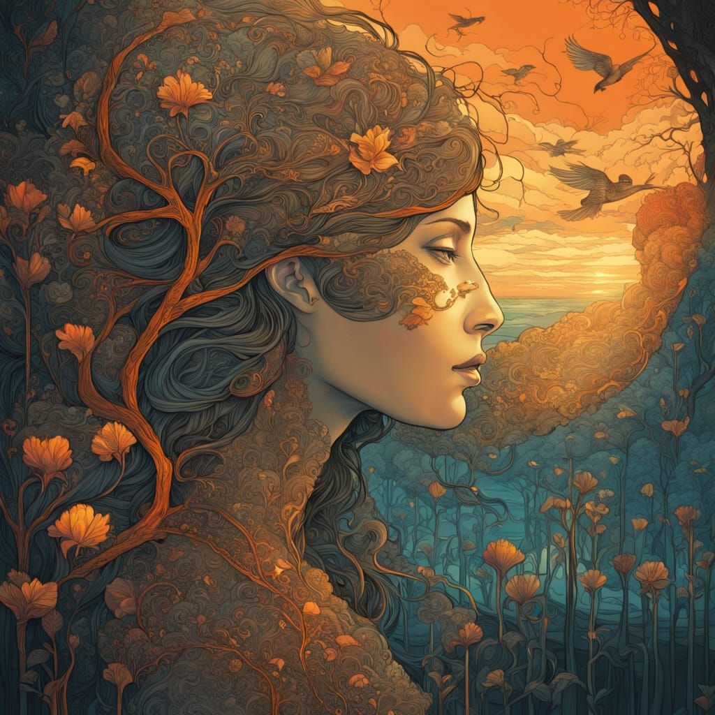 Surreal Portrait of a Woman in Profile, Blending with Nature