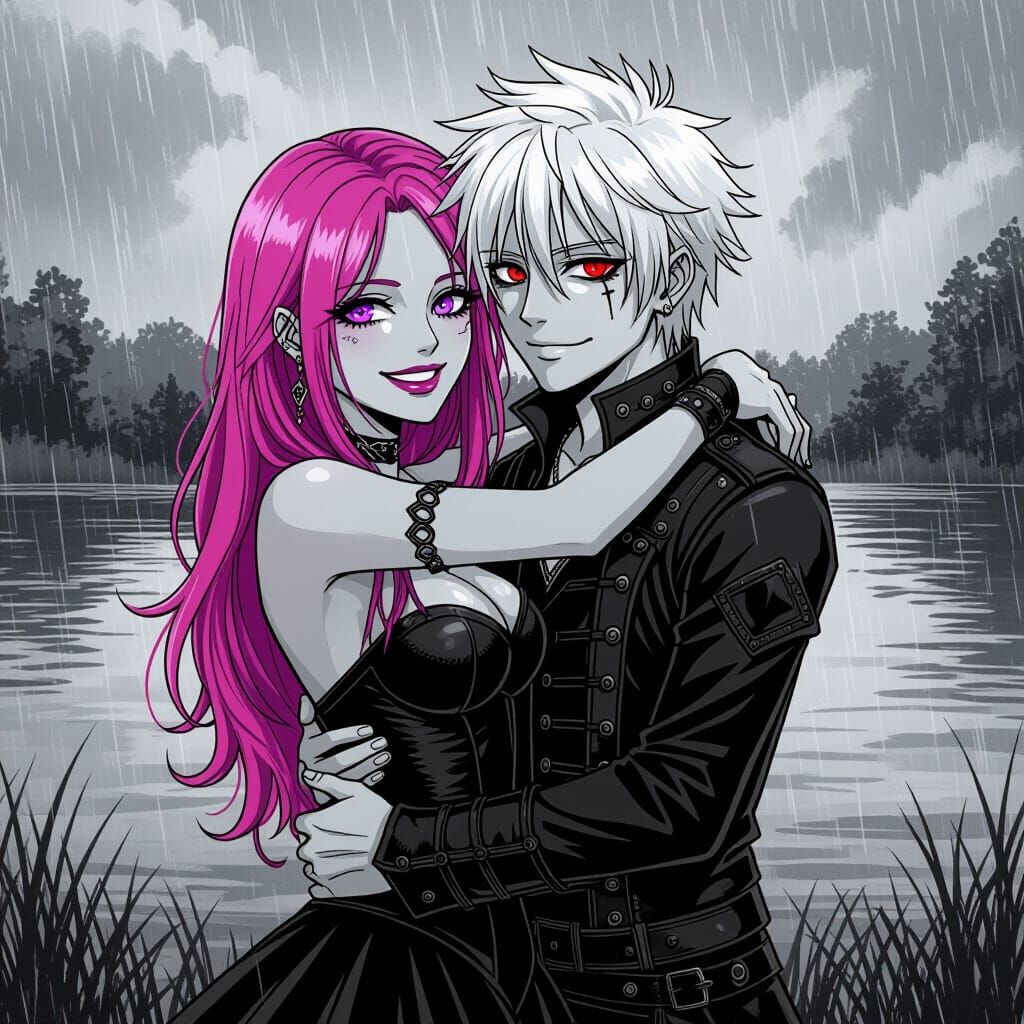 Romantic Embrace in Rainy Black and White Ink Style