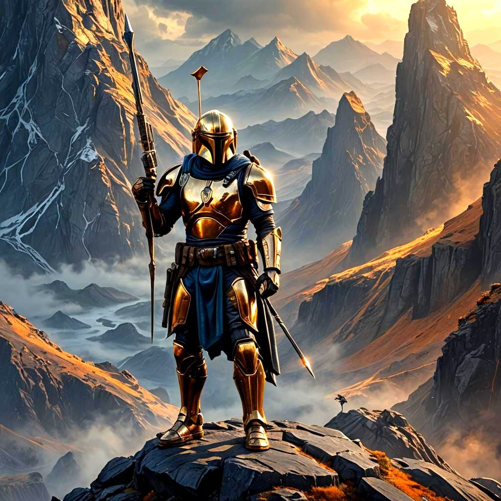 Golden Armored Mandalorian in Detailed Matte Painting