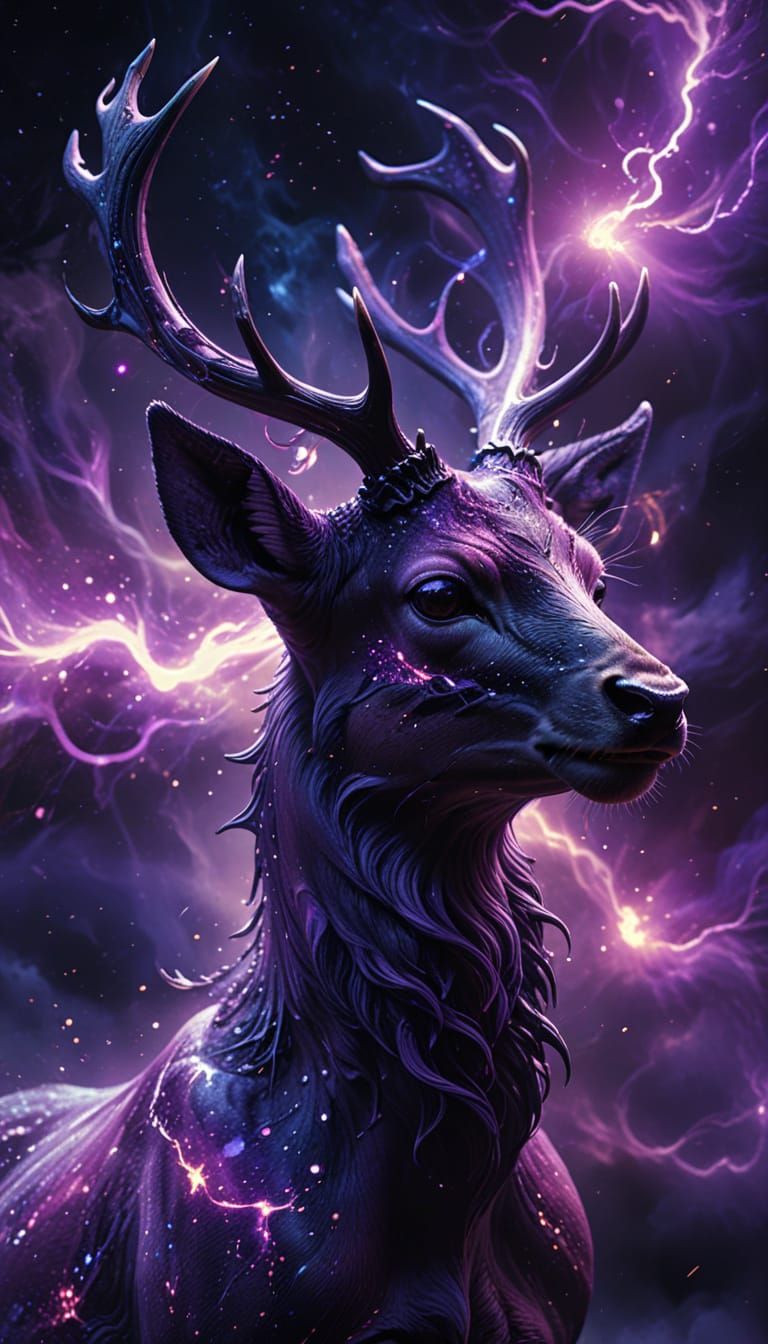 Mystical Dark Deer in Cosmic Nebula with Lightning