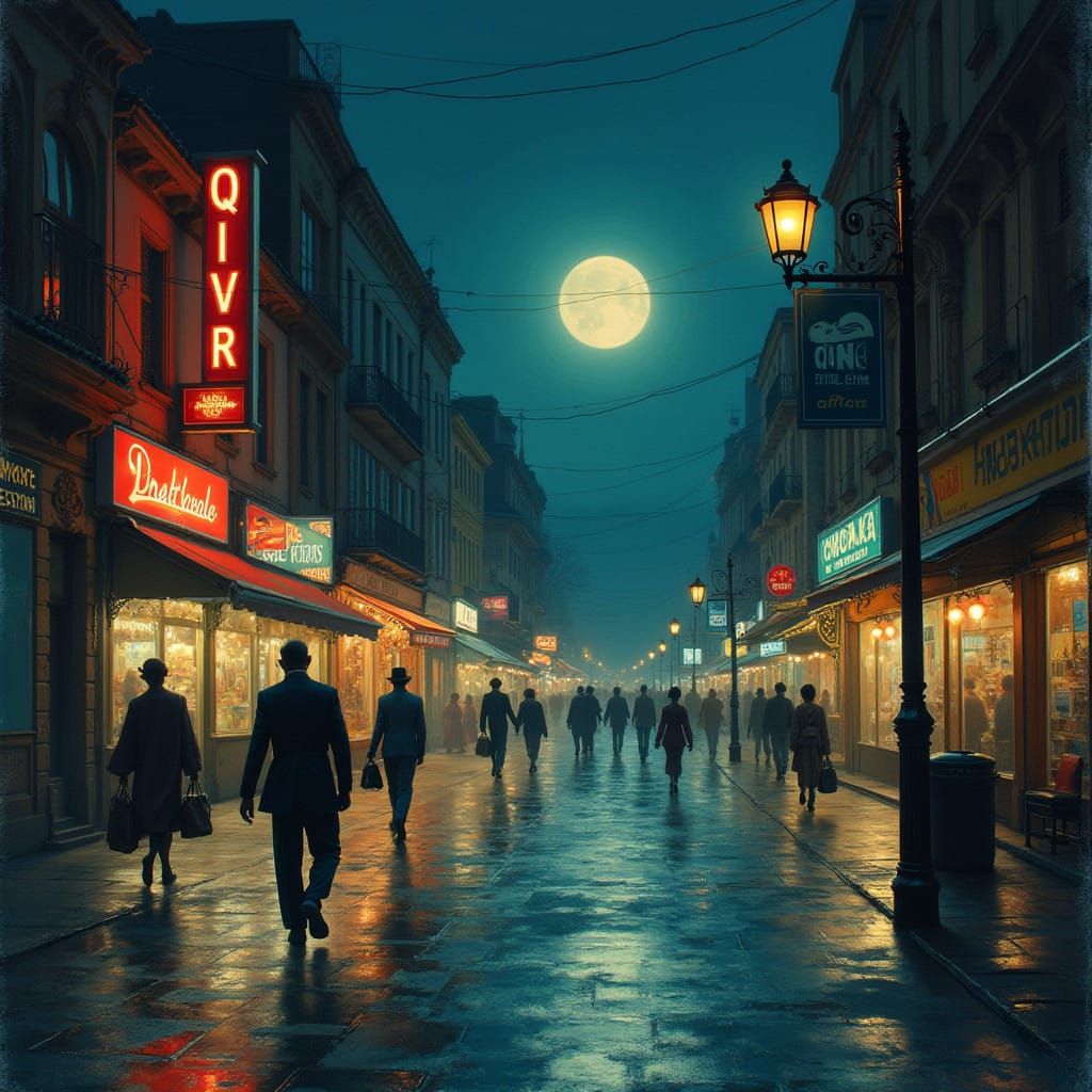 A Vibrant Cityscape Under Neon and Lunar Light