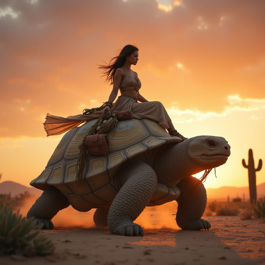 Woman Rides Giant Turtle at Sunset