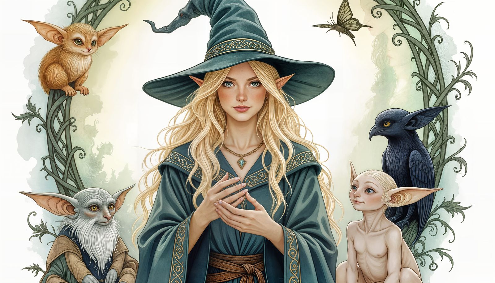 Blonde Witch with Mythical Creatures