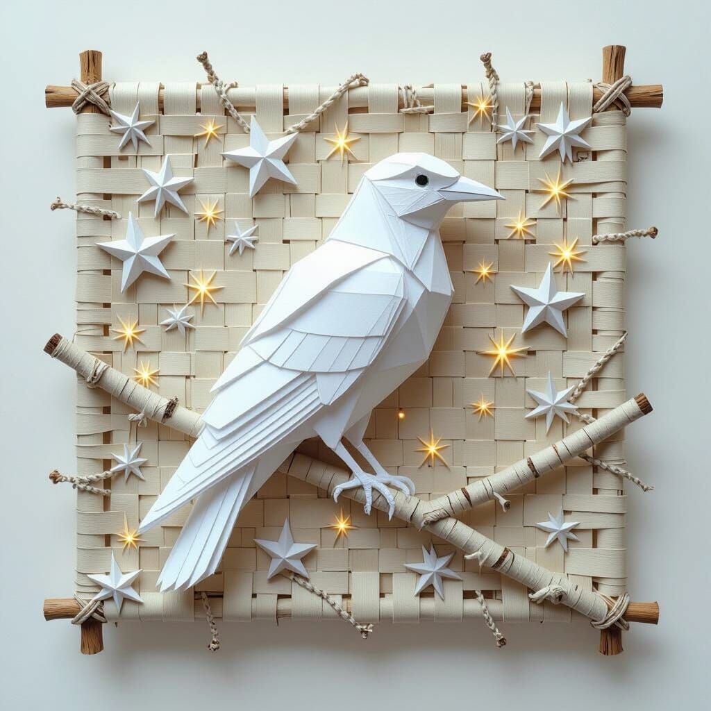 Origami White Crow on Birchbark Canvas