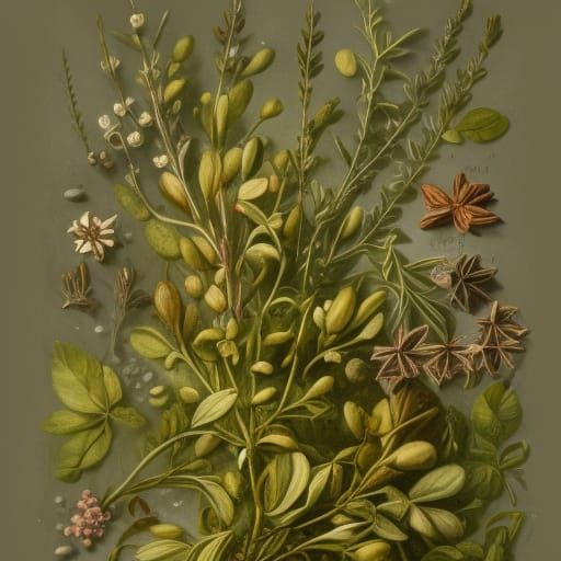 sprig of thyme and other spices, botanical illustration, whi...