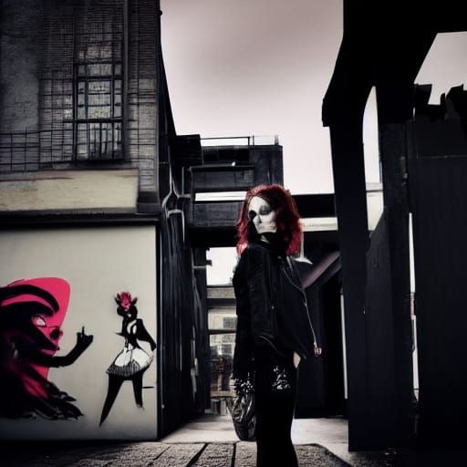 Goth Model Posing By Vibrant Graffiti Wall in Cubist Style