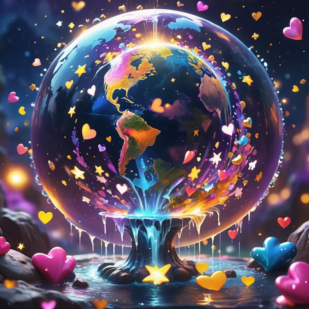 Globe Earth with Fountain of Sparkling Hearts