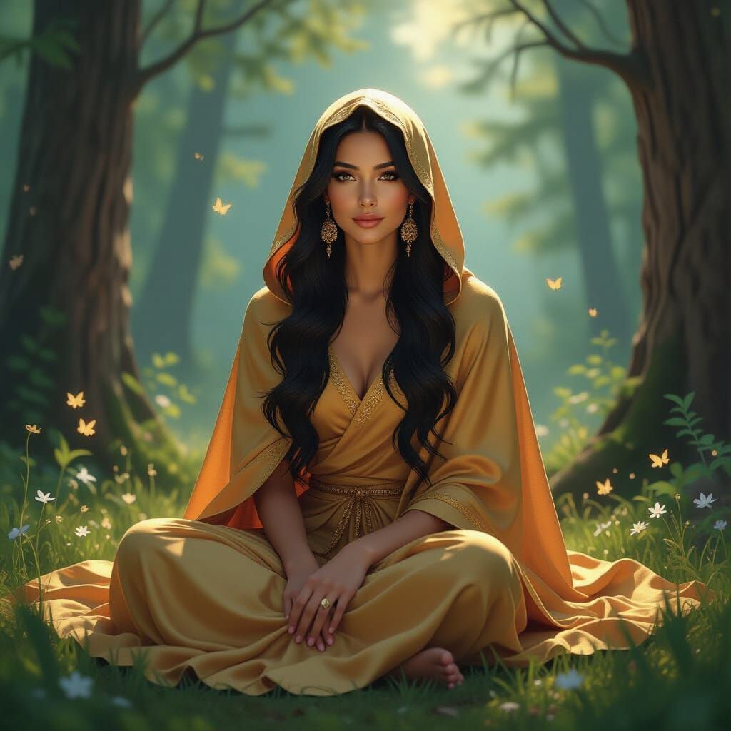 Mystical Woman in Forest with Fairies, Art Nouveau Style