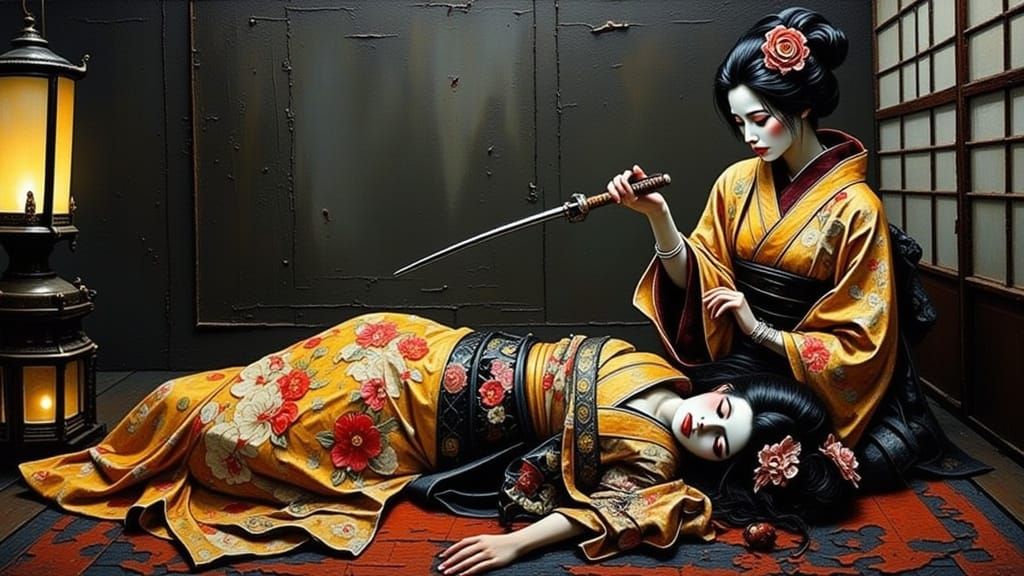Samurai and Geisha in a Deadly Impasto Oil Painting