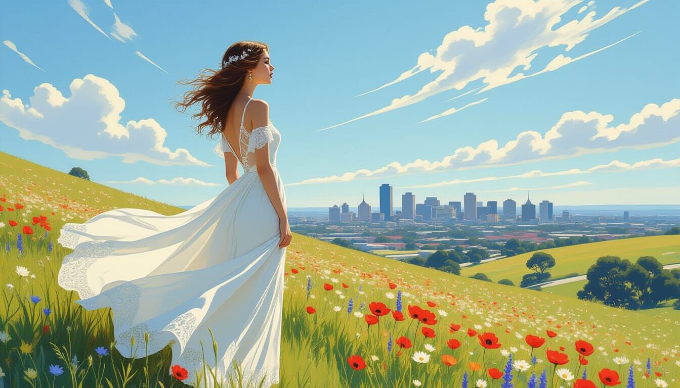 Woman in Field, Alphonse Mucha Style