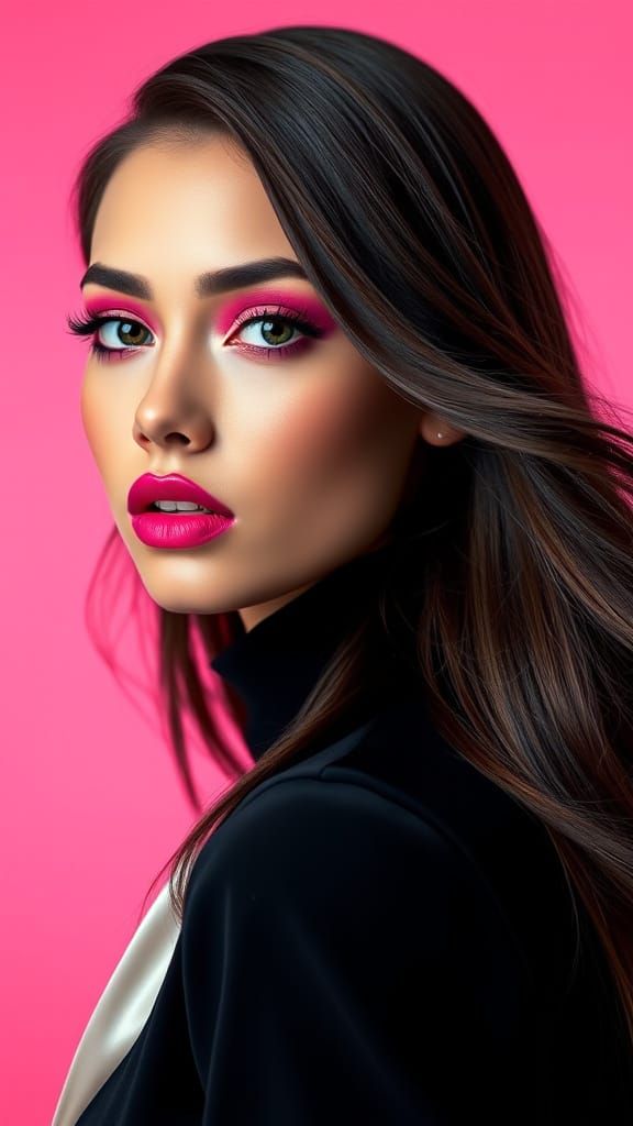 Bold Portrait of a Woman with Vibrant Pink and Blue Makeup