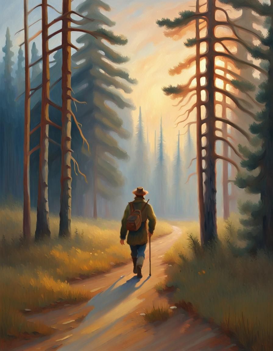 Impressionist Painting of Peasant Walking Through Forest