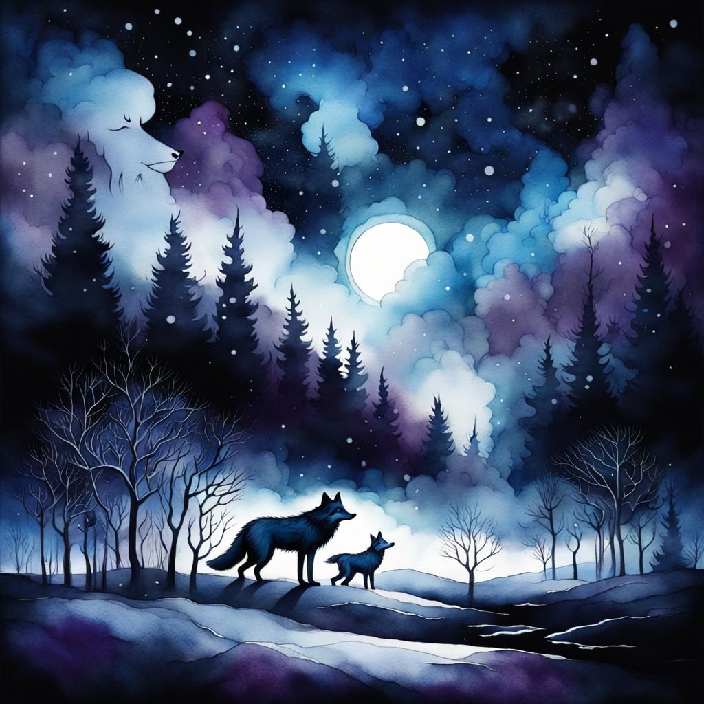 Wolves and Cub in Winter Forest Watercolor