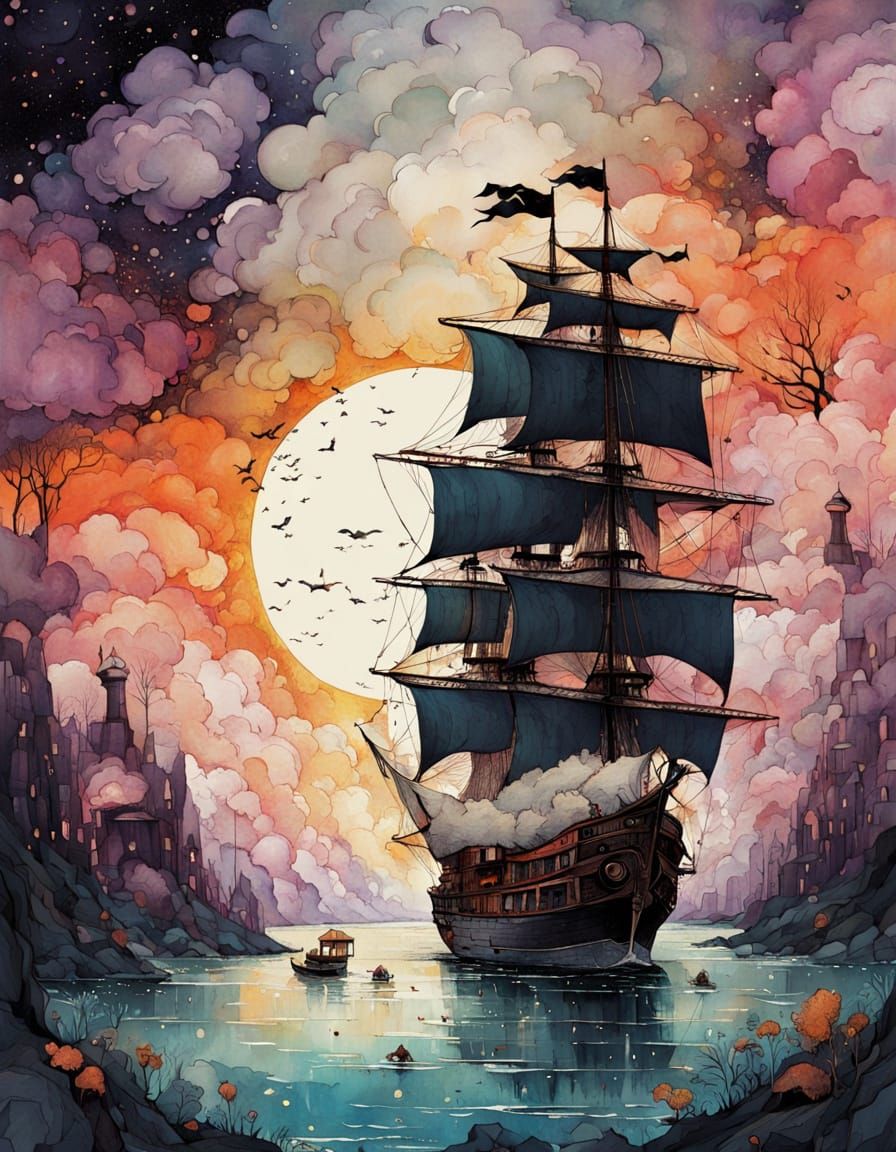 Pirate Ship Sunset in Abstract Ink Art