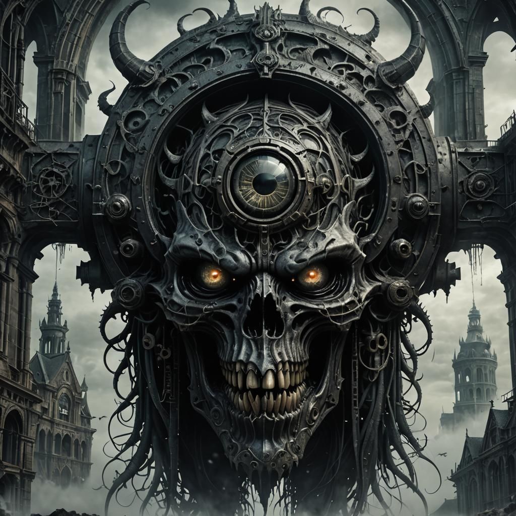 Ominous Biomechanical Beast in Gothic Setting