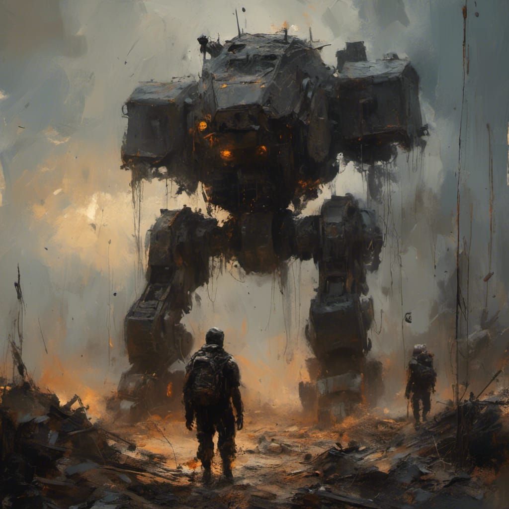 Battle-Mech Defends Camp in Oil Painting Style