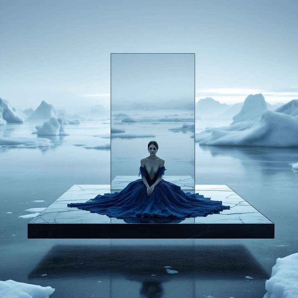 Regal Woman Waits on Hovering Platform in Surreal Ice Landsc...