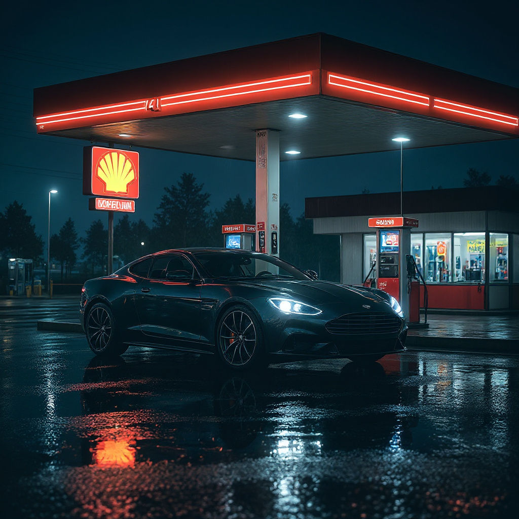 Car at Gas Station in Rainy Night