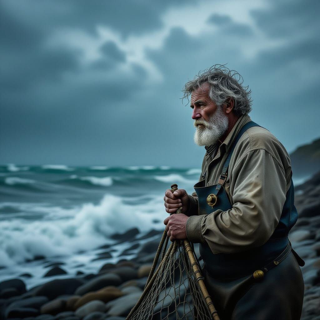 Steampunk Fisherman on Stormy Shore