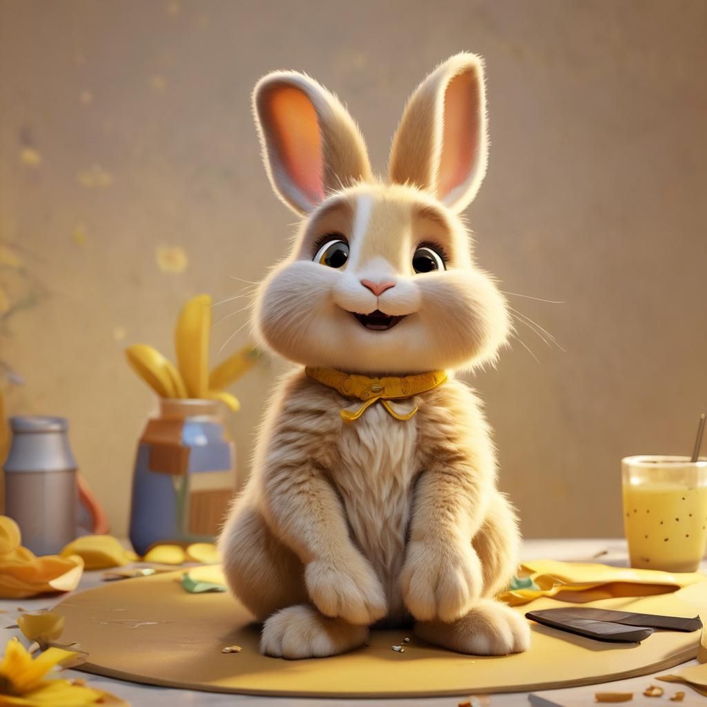 Happy Baby Bunny on Table in Pixar Style
