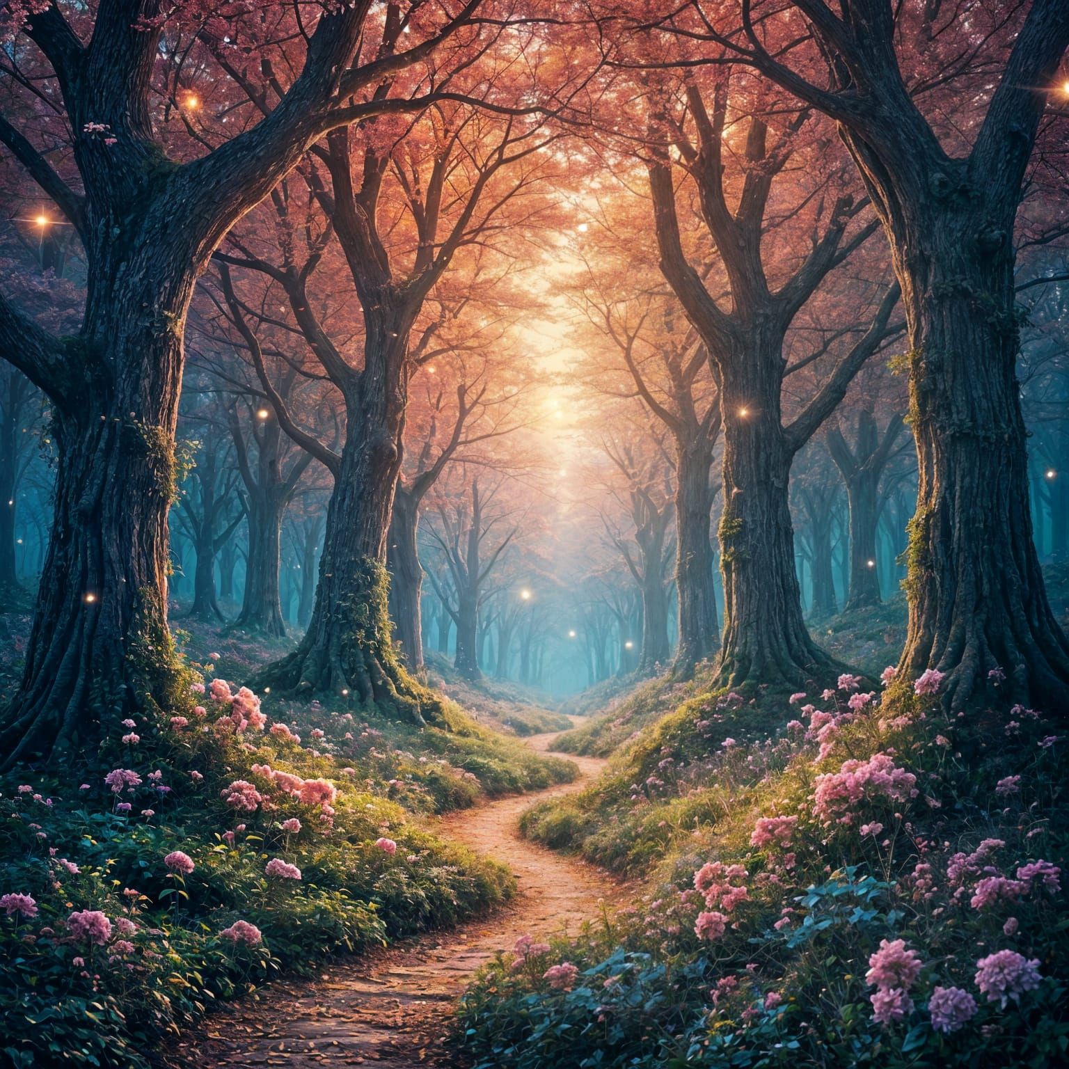 Surreal Landscape of Golden Light and Cosmic Bloom