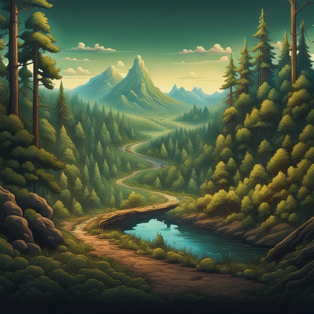 Forest Hiking Trails Vignette Graphic in Matte Painting Styl...