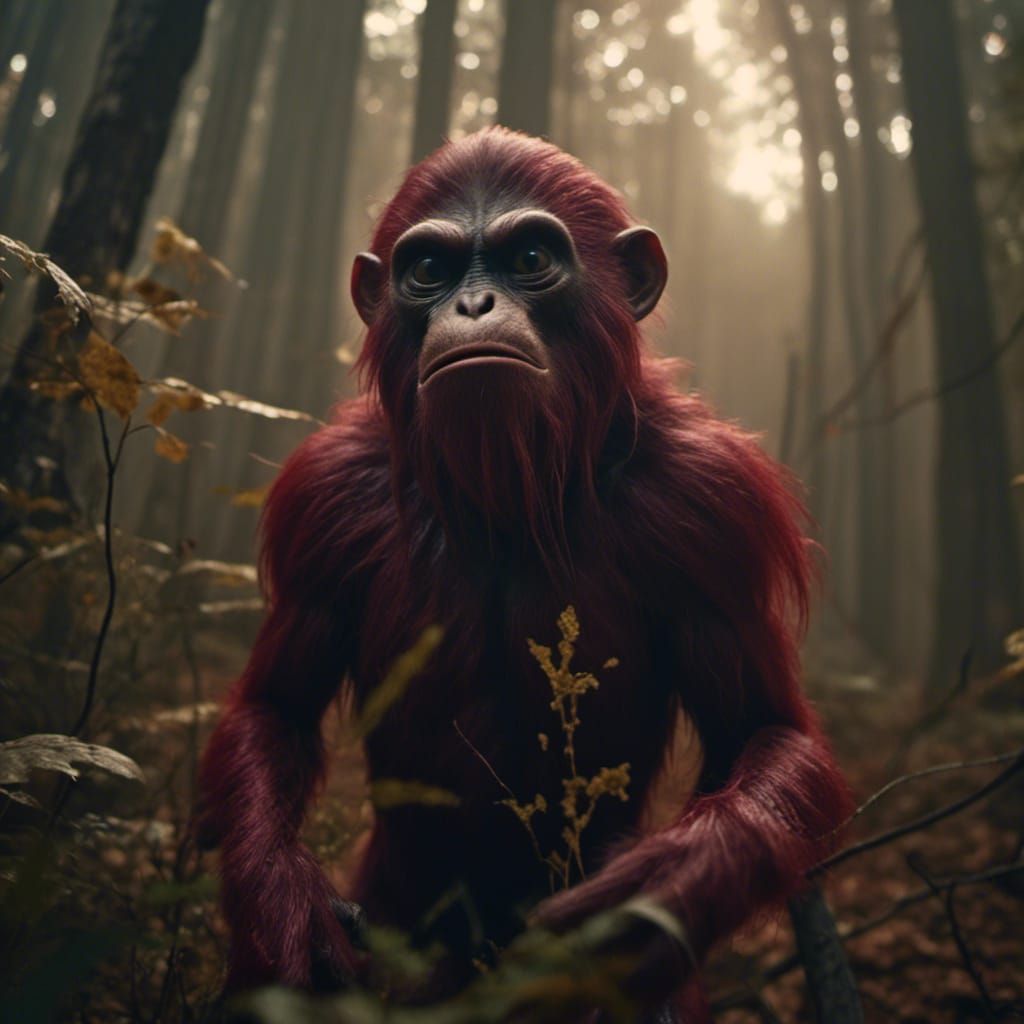 Menacing Monster Monkey in Misty Autumnal Forest