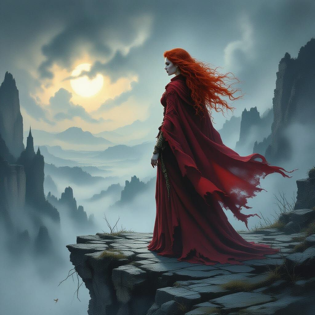 Redhead Sorceress on Precipice in Gothic Fantasy Style