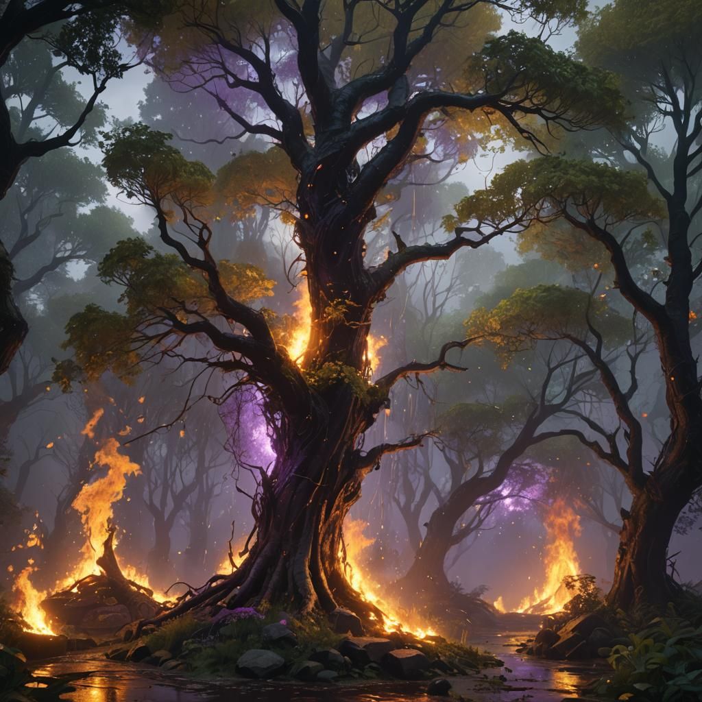 Fiery Trees in Rainy Dark Fantasy Landscape