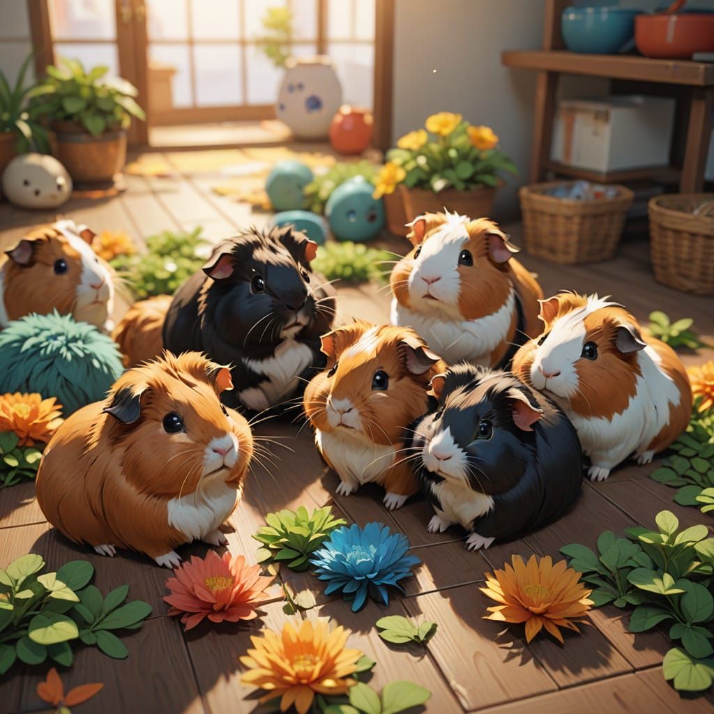 Six Guinea Pigs in Vibrant 3D Anime Style