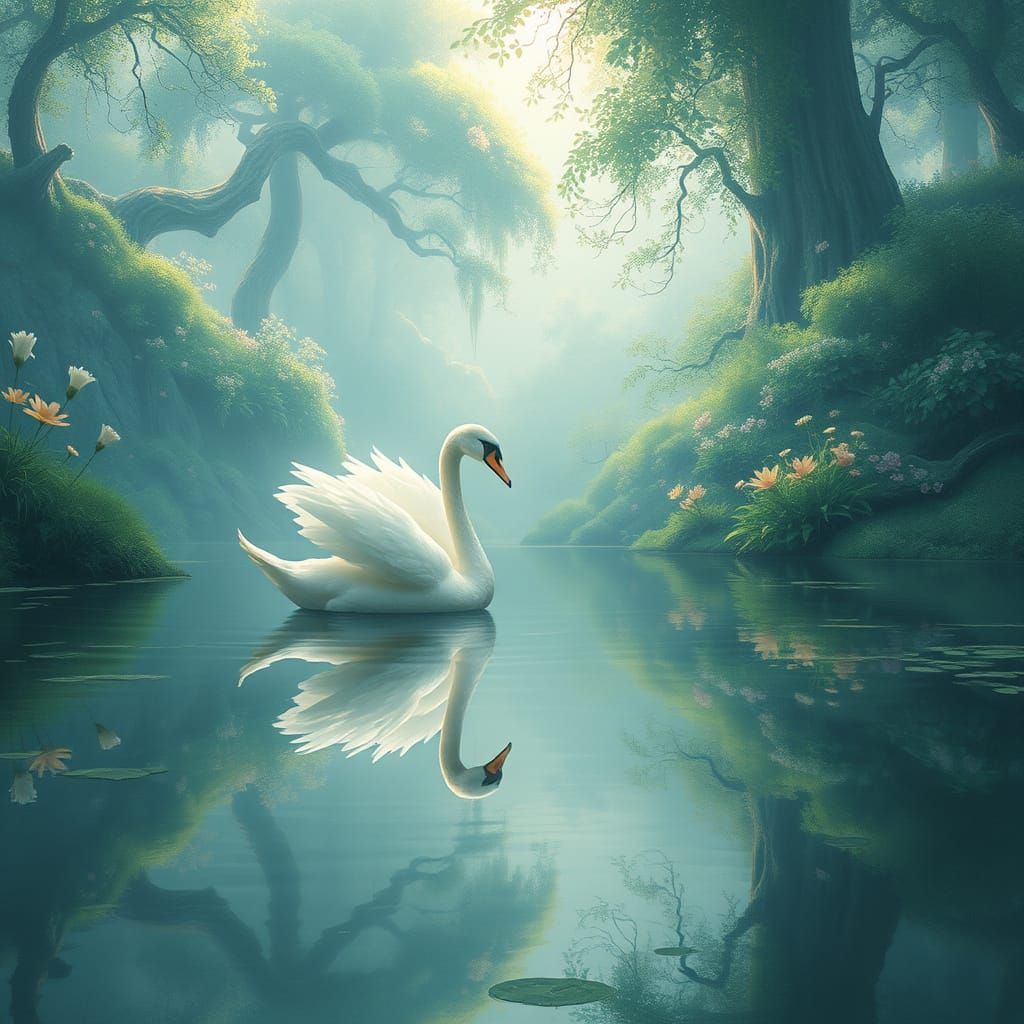 Serene Swan on Tranquil Lake with Enchanted Forest