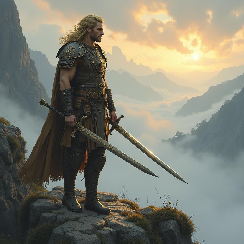 Fantasy Monk on Mountain Peak in Ethereal Light