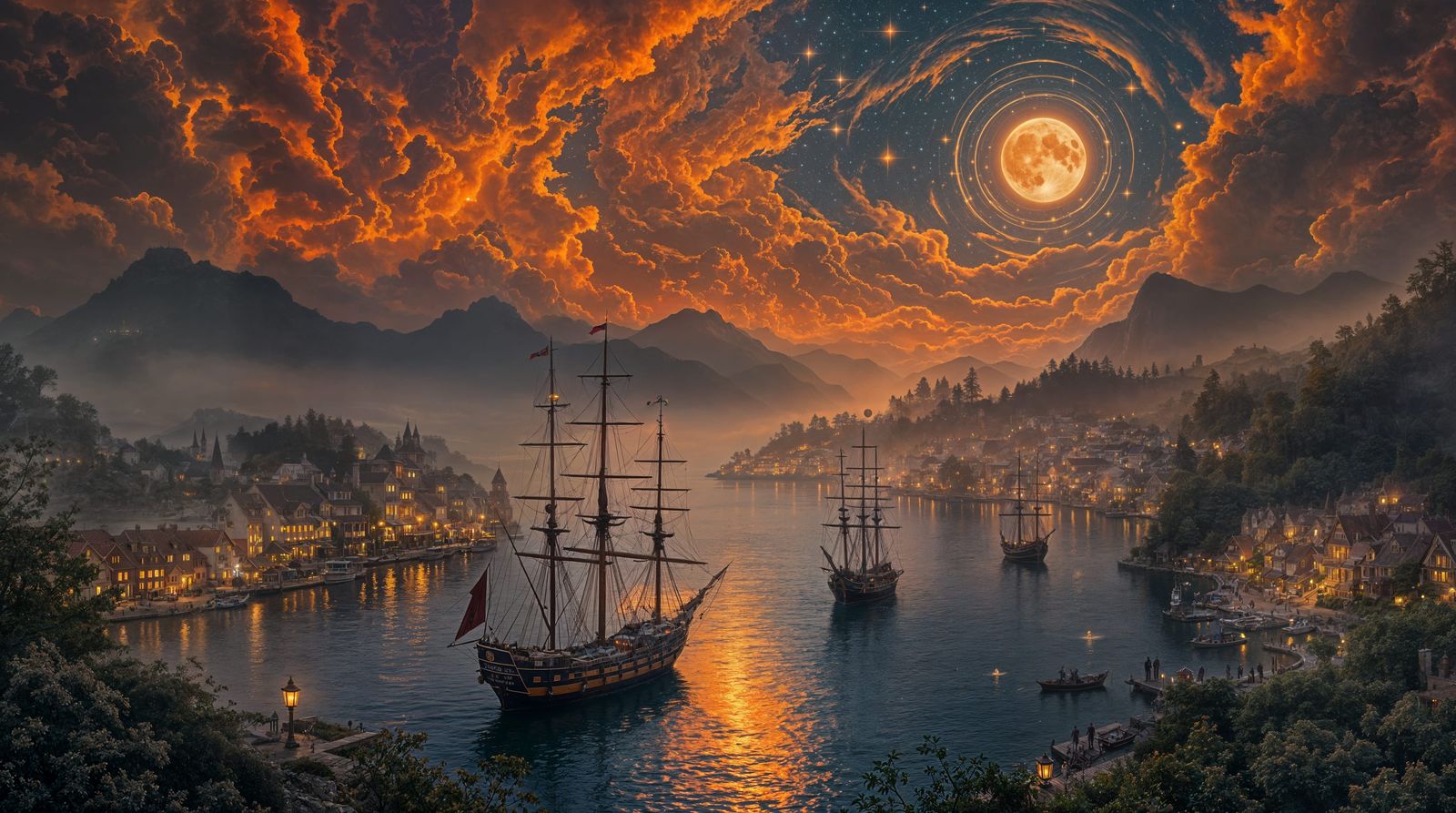 18th-Century Harbor Town at Twilight in Warm Orange Tones