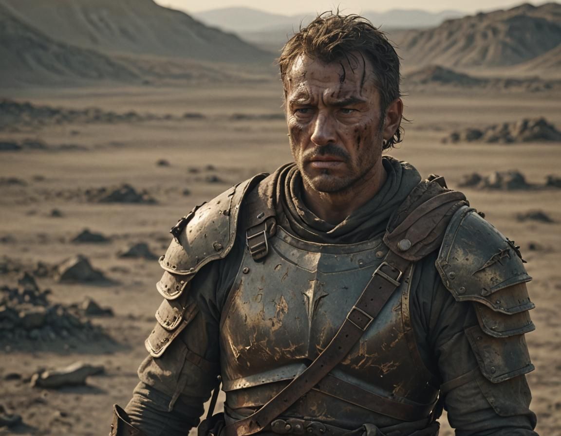 Weary Warrior in War-Torn Landscape: Cinematic Still