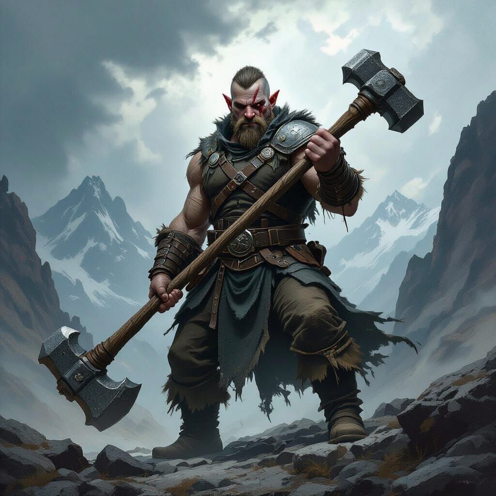 Stern Dwarf Warrior with Sledgehammer in Dark Fantasy Style