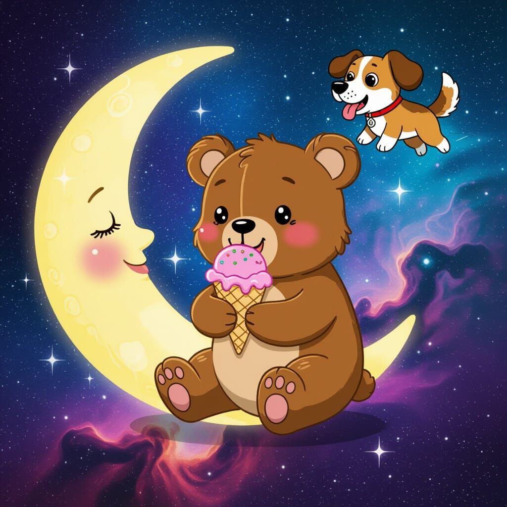 Cosmic Bear Enjoys Moon Ice Cream With Flying Superdog
