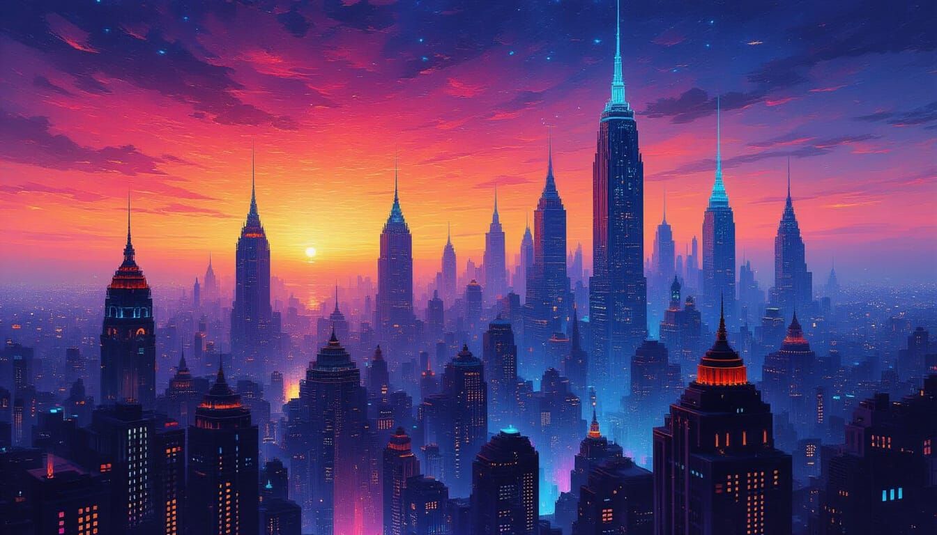 Art Deco Cyberpunk Cityscape in Impasto Style