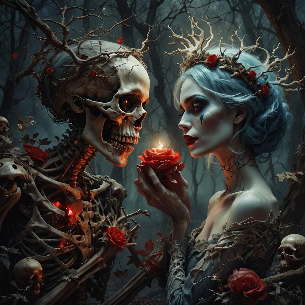 Eerie Embrace: Skeleton and Lady in Misty Forest