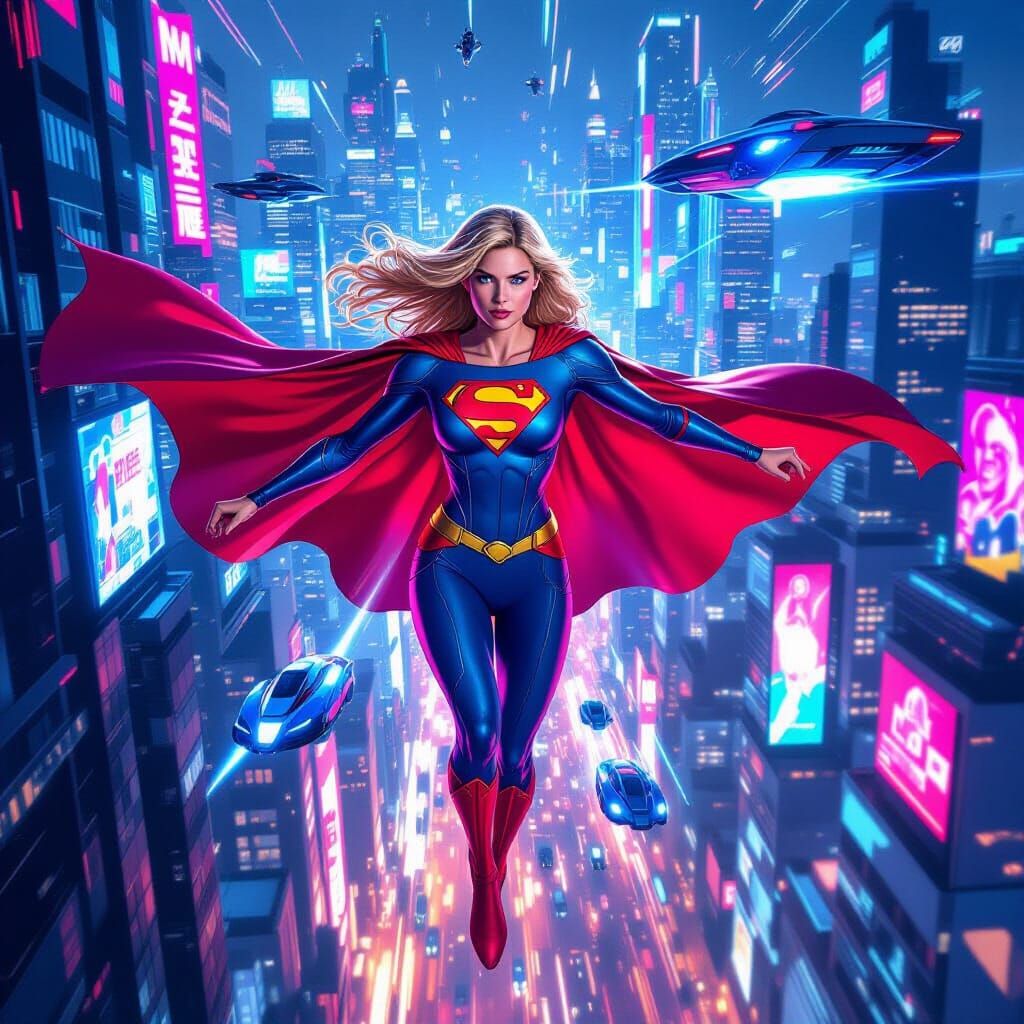Supergirl Soaring Over Neon Metropolis in Cinematic Style