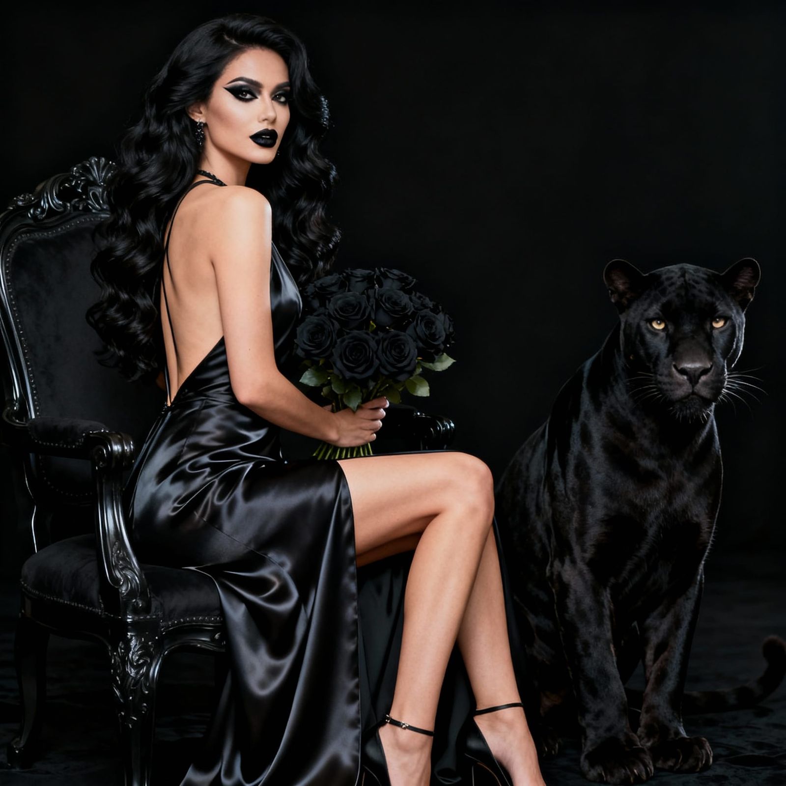 Elegant Woman With Black Panther in Dramatic Lighting