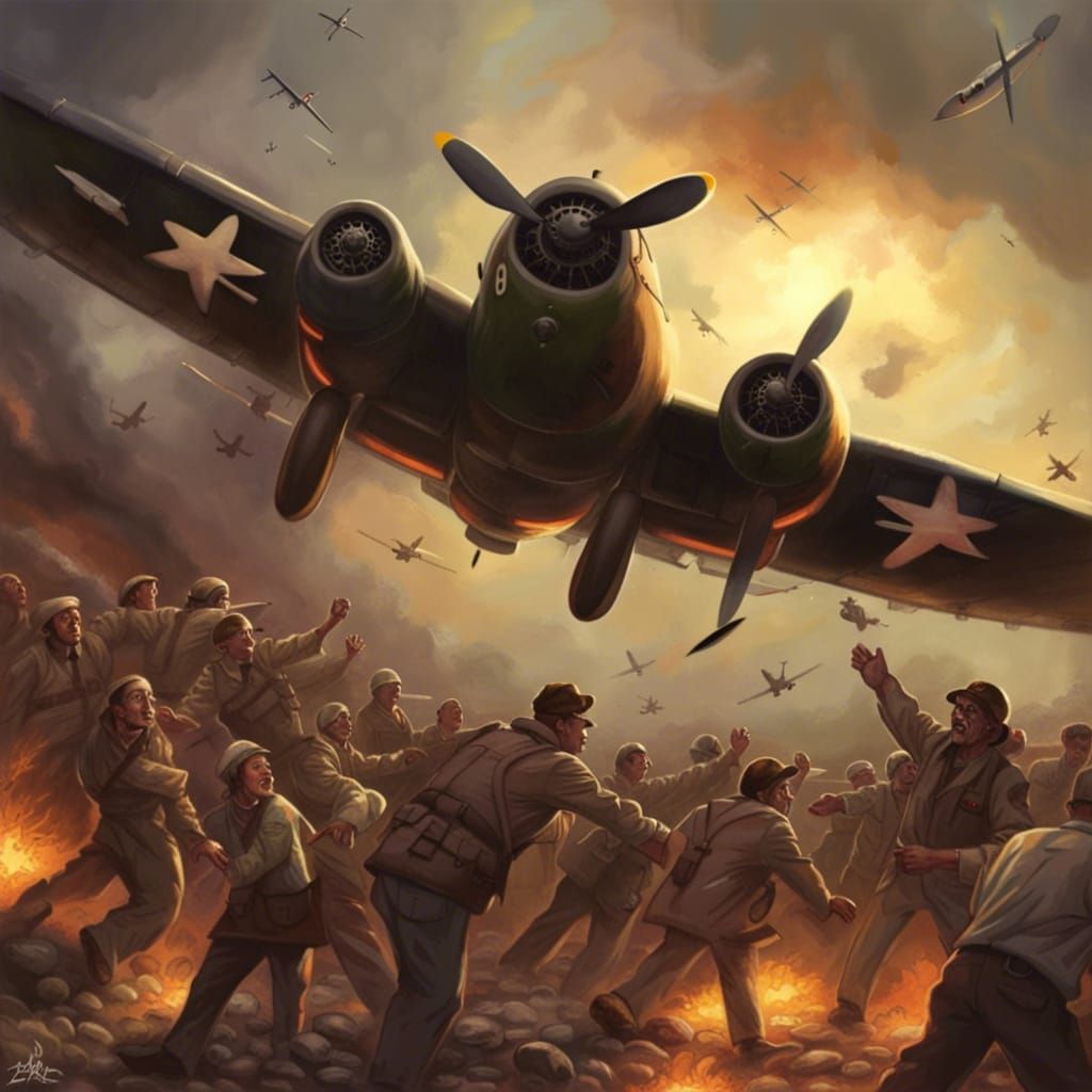 WWII Zombie Pilot Bombing Zombies in Digital Painting Style