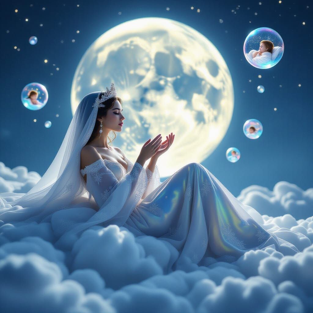 Celestial Queen Weaving Dreams Above Sleeping City