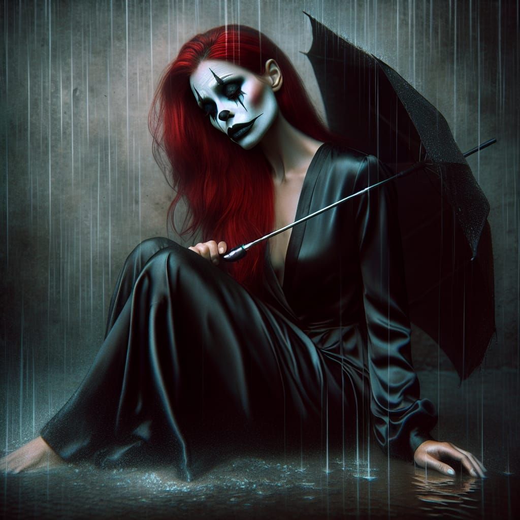 Melancholic Hispanic Female Mime in Rainy Night