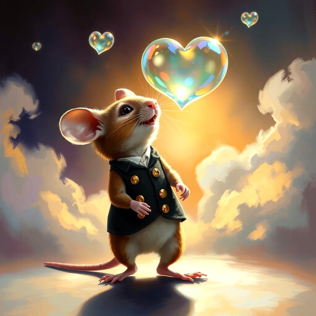 Mouse Blows Heart-Shaped Soap Bubbles in Hyperrealistic Art
