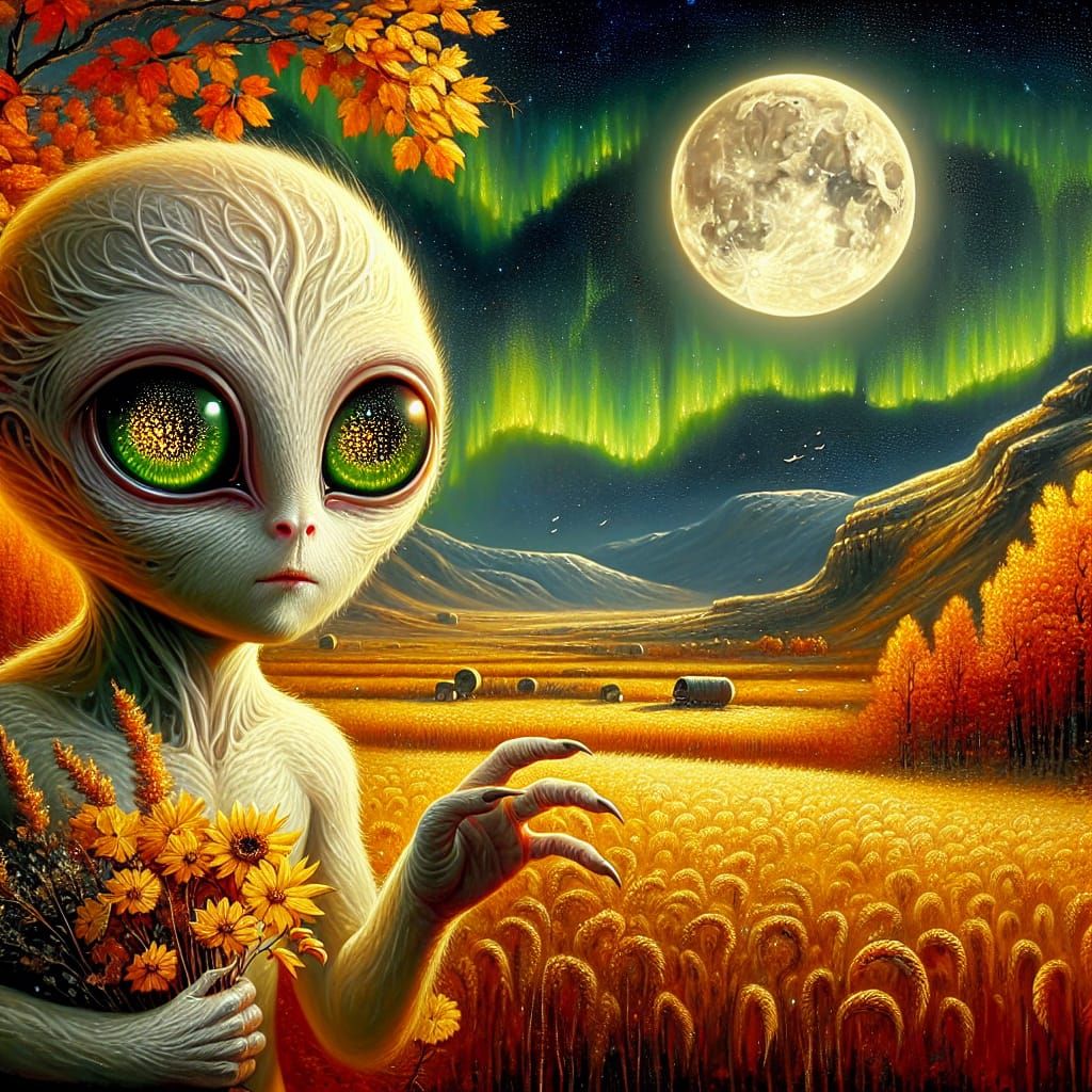 Romantic Autumn Scene with Unearthly White Creature Under Ha...