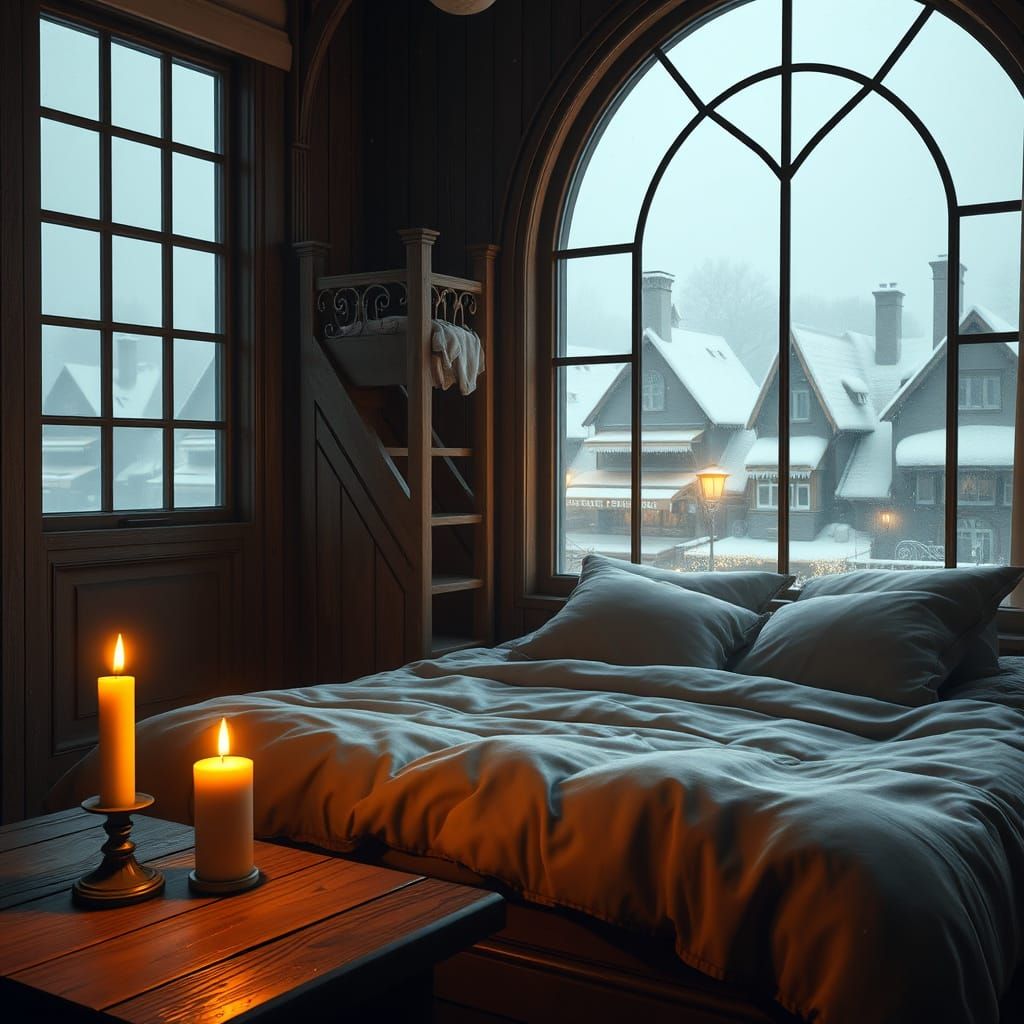 Cozy Winter Scene with Candlelit Bed and Snowy Rooftops