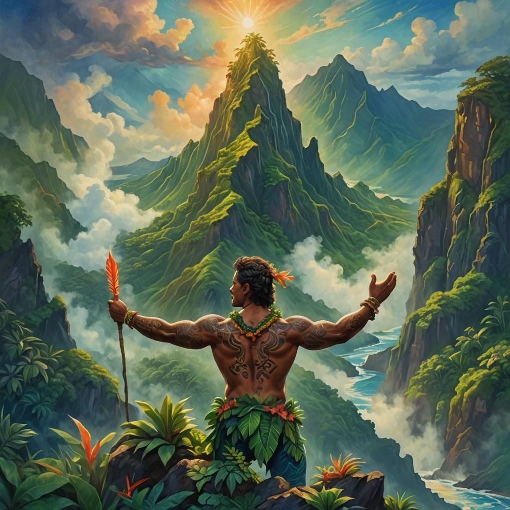 Hawaiian Kahuna on Misty Peak: Digital Art Masterpiece