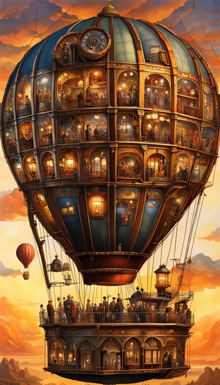 Steampunk Hot Air Balloon City at Sunset